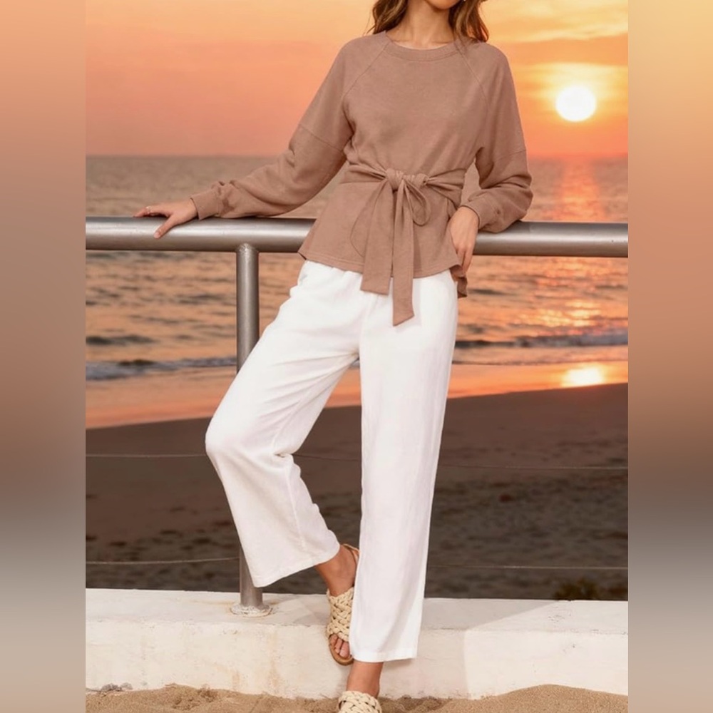 Tie-Waist Pullover Sweatshirt Long Sleeve Shirt